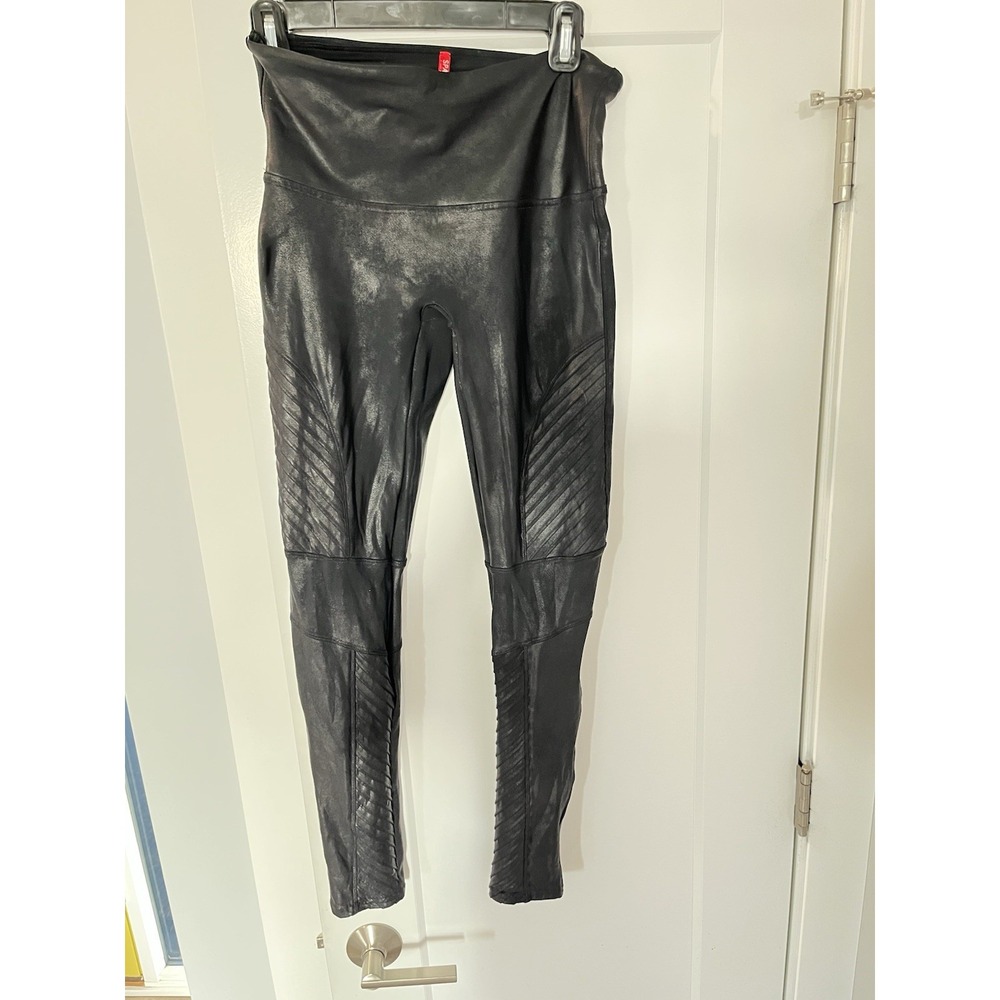 Spanx Women Faux Leather Moto Leggings Black Biker Edgy Small High Waist Ribbed